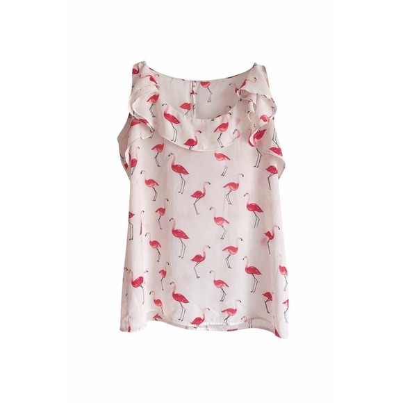 LOFT Tops - LOFT Flamingo Print Ruffle Neck Blouse Tank Top Size M Pink White